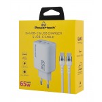 POWERTECH φορτιστής τοίχου PT-1415 με καλώδιο, USB/2x USB-C, 65W, GaN, λευκός Φορτιστές Κινητών