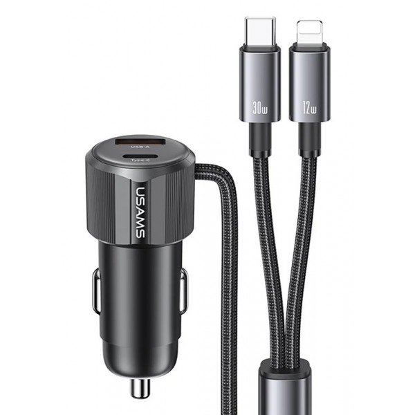USAMS φορτιστής αυτοκινήτου CC287 με 2 σε 1 καλώδιο, USB/USB-C θύρες, 66W, μαύρος Φορτιστές Κινητών