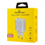 POWERTECH φορτιστής τοίχου PT-1433, USB/USB-C, 30W, GaN, λευκός Φορτιστές Κινητών