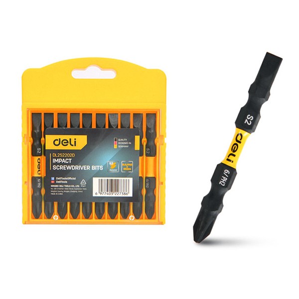 DELI σετ μύτες κατσαβιδιού DL252202D για δραπανοκατσάβιδο, διπλή κεφαλή, σταυρωτές/ίσιες, SL6/PH2x65mm, 10τμχ Κατσαβίδια