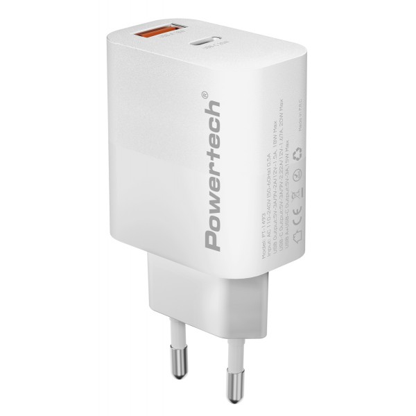 POWERTECH φορτιστής τοίχου PT-1493, USB/USB-C, 20W, λευκός Φορτιστές Κινητών