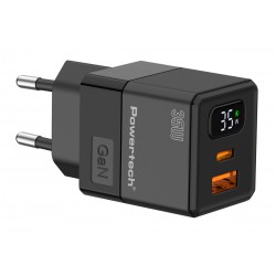 POWERTECH φορτιστής τοίχου PT-1499 με οθόνη, USB/USB-C, 35W, GaN, μαύρος Φορτιστές Κινητών
