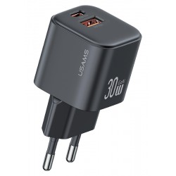 USAMS φορτιστής τοίχου CC263, USB & USB-C, 30W, GaN, μαύρος Φορτιστές Κινητών