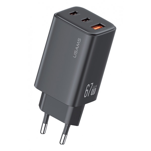 USAMS φορτιστής τοίχου CC265, USB & 2x USB-C, 67W, GaN, μαύρος Φορτιστές Κινητών