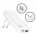 POWERTECH φορτιστής τοίχου PT-1532, EU/UK/CN βύσμα, USB/USB-C, 65W, GaN, λευκός Φορτιστές Κινητών