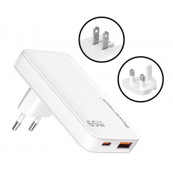 POWERTECH φορτιστής τοίχου PT-1532, EU/UK/CN βύσμα, USB/USB-C, 65W, GaN, λευκός Φορτιστές Κινητών