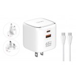 LDNIO φορτιστής τοίχου Q2617 με καλώδιο USB-C, EU/UK/US βύσμα, USB/USB-C, 65W, GaN, λευκός Φορτιστές Κινητών