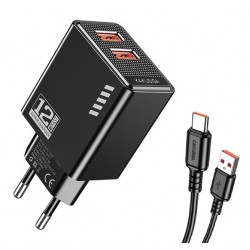 KAKUSIGA φορτιστής τοίχου KSC-1238 με καλώδιο USB-C, 2x USB, 12W, μαύρος Φορτιστές Κινητών
