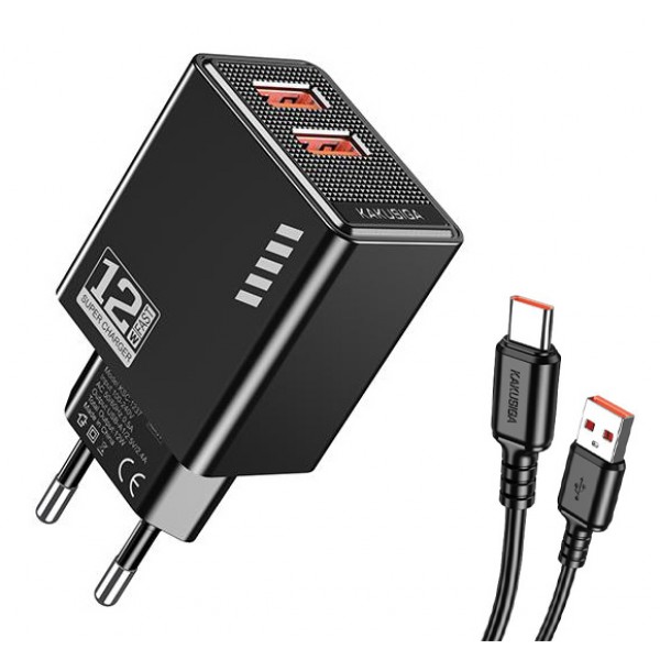 KAKUSIGA φορτιστής τοίχου KSC-1238 με καλώδιο USB-C, 2x USB, 12W, μαύρος Φορτιστές Κινητών