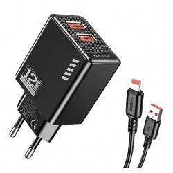 KAKUSIGA φορτιστής τοίχου KSC-1238 με καλώδιο Lightning, 2x USB, 12W, μαύρος Φορτιστές Κινητών