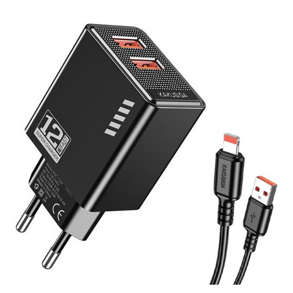 KAKUSIGA φορτιστής τοίχου KSC-1238 με καλώδιο Lightning, 2x USB, 12W, μαύρος Φορτιστές Κινητών