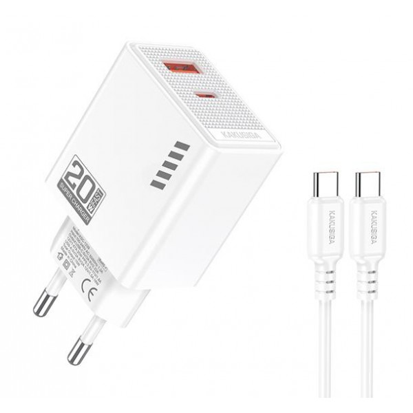 KAKUSIGA φορτιστής τοίχου KSC-1240 με καλώδιο USB-C, USB & USB-C, 20W, λευκός Φορτιστές Κινητών