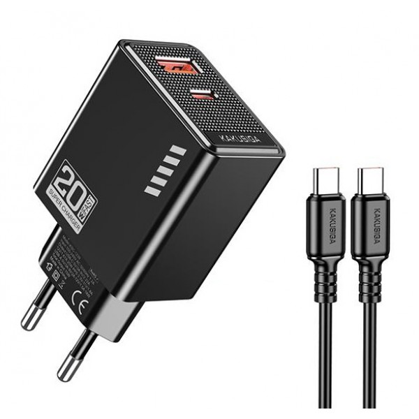 KAKUSIGA φορτιστής τοίχου KSC-1240 με καλώδιο USB-C, USB & USB-C, 20W, μαύρος Φορτιστές Κινητών