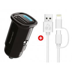POWERTECH φορτιστής αυτοκινήτου με καλώδιο MFi USB σε micro USB/Lightning BNDL-0206, USB & USB-C, 30W, μαύρο/λευκό Φορτιστές Κινητών