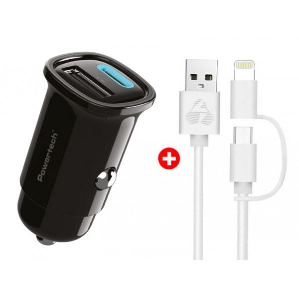 POWERTECH φορτιστής αυτοκινήτου με καλώδιο MFi USB σε micro USB/Lightning BNDL-0206, USB & USB-C, 30W, μαύρο/λευκό Φορτιστές Κινητών