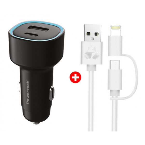 POWERTECH φορτιστής αυτοκινήτου με καλώδιο MFi USB σε micro USB/Lightning BNDL-0207, USB & USB-C, 85W, μαύρο/λευκό Φορτιστές Κινητών