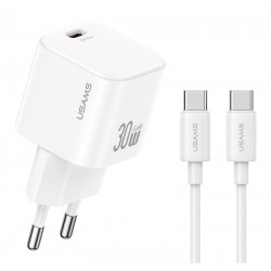 USAMS φορτιστής τοίχου CC262 με καλώδιο USB-C, 30W, GaN, λευκός Φορτιστές Κινητών