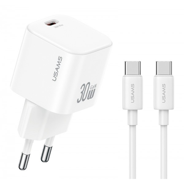 USAMS φορτιστής τοίχου CC262 με καλώδιο USB-C, 30W, GaN, λευκός Φορτιστές Κινητών